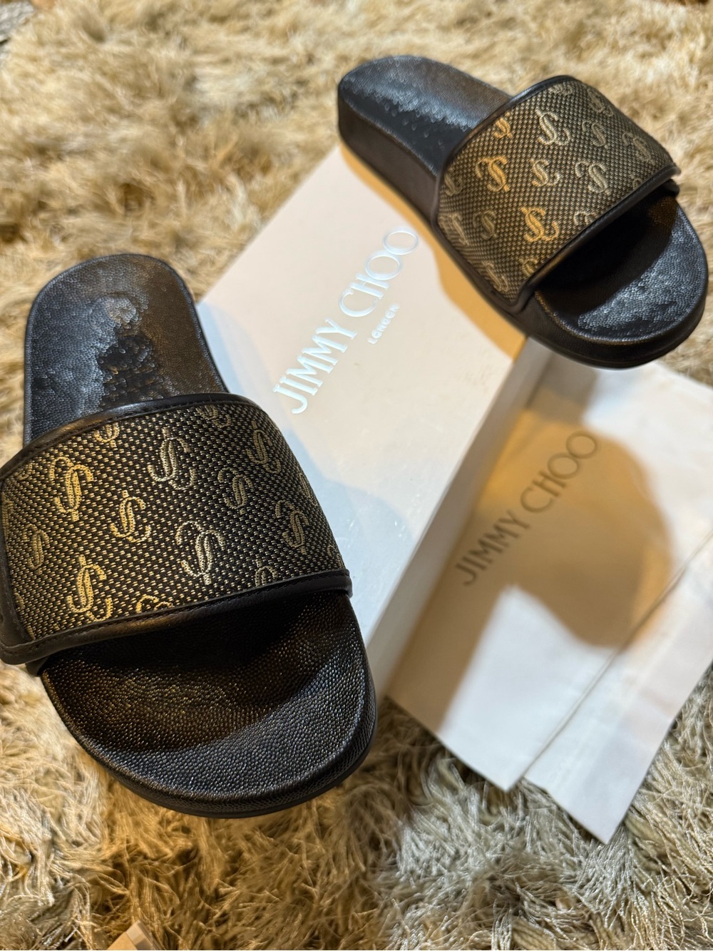 Jimmy Choo FITZ Black/Gold JC Monogrammed Slides - Picture 5 of 14